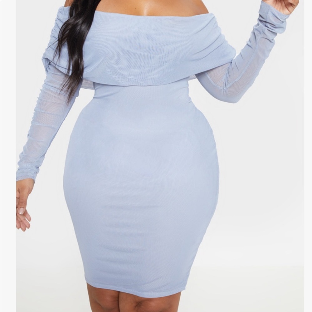 Plus Dusty Blue Ruched Bardot Mesh Midi Dress